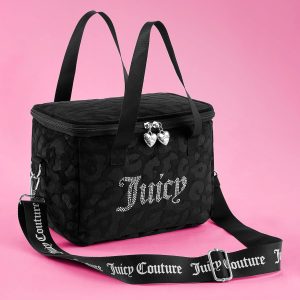 Juicy Couture Chill Couture Lunch Tote Bag With Adjustable Strap, Black Debossed Leopard Velour with Silver Juicy Rhinestones - Women's Lunch Box Bag for Work, School, Travel-0