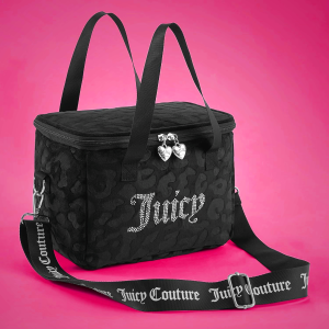 Juicy Couture Chill Couture Lunch Tote Bag With Adjustable Strap, Black Debossed Leopard Velour with Silver Juicy Rhinestones - Women's Lunch Box Bag for Work, School, Travel