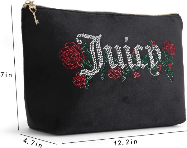 Juicy Couture Black Makeup Bag Cosmetics Organizer Travel Essentials Top Zip Pouch Velour Rhinestone Roses-4