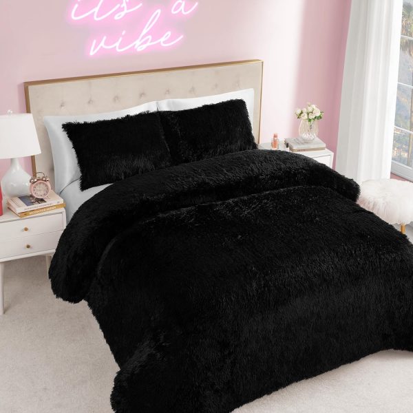 Juicy Couture Shaggy Faux Fur Black Full/Queen Comforter Set - Soft and Cozy 3-Piece Machine Washable Bedding Comforter and Sham Set shaggy