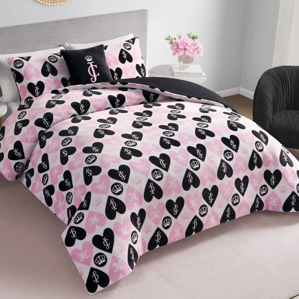Juicy Couture Plush Reversible Queen Heart Logo 4-Piece King Comforter Set with Decorative Pillow, Pink couture mini clutch