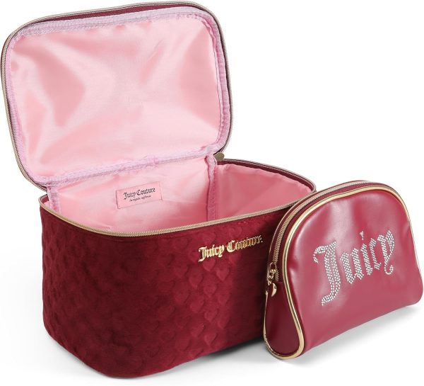 Juicy Couture Red Makeup Bag Cosmetics Organizer Travel Essentials Train Case Coin Purse Velour Heart Faux Leather Rhinestone baggu