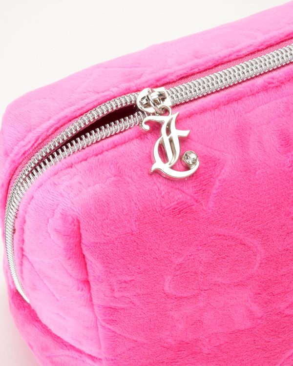 Juicy Couture Hot Pink Makeup Bag Cosmetics Organizer Travel Essentials Zip Top Wedge Velour Heart Crown couture font