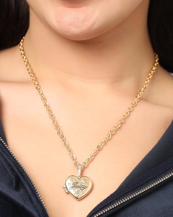 Juicy Couture Logo Heart Necklaces for Women 16-28"+2", Gold-Tone Heart Pendant Necklace, Juicy Gifts hearth apartments