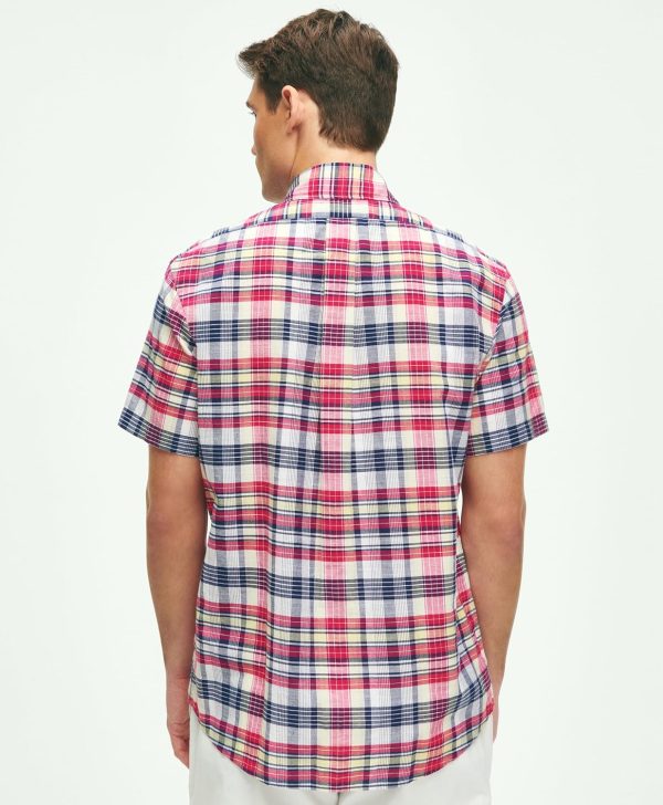 Brooks Brothers Men's Short Sleeve Button Down Cotton Madras Plaid Sport Shirt, Madras, X-Large White skims