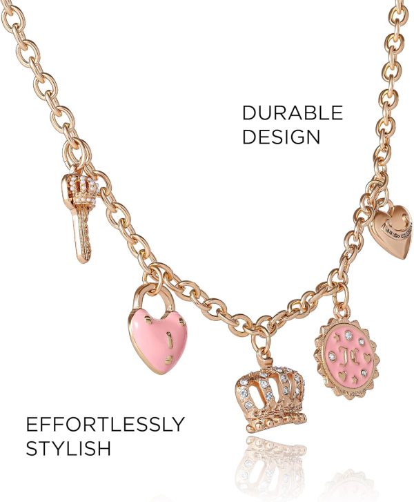 Juicy Couture Charm Necklace for Women, 16-18"+2" Gold-Tone Necklace Juicy Logo Charms with Pink Enamel and Clear Crystals-4