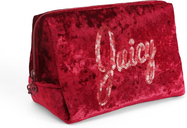 Juicy Couture Red Makeup Bag Cosmetics Organizer Travel Essentials Zip Top Wedge Crushed Velvet Sequin Logo couture meaning