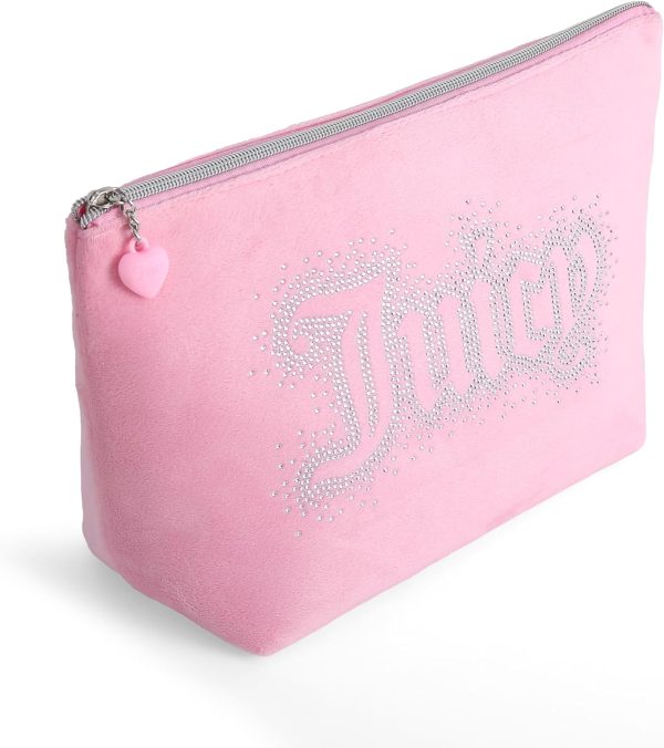 Juicy Couture Pink Makeup Bag Cosmetics Organizer Travel Essentials Top Zip Pouch Rhinestone Velour-4