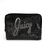 Juicy Couture Black Makeup Bag Cosmetics Organizer Travel Essentials Zip Top Wedge Crushed Velvet Sequin Logo couture meaning