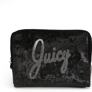 Juicy Couture Black Makeup Bag Cosmetics Organizer Travel Essentials Zip Top Wedge Crushed Velvet Sequin Logo couture meaning