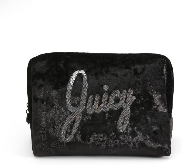 Juicy Couture Black Makeup Bag Cosmetics Organizer Travel Essentials Zip Top Wedge Crushed Velvet Sequin Logo couture meaning
