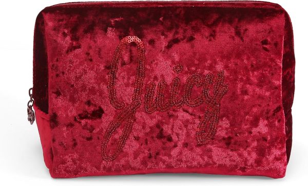 Juicy Couture Red Makeup Bag Cosmetics Organizer Travel Essentials Zip Top Wedge Crushed Velvet Sequin Logo juicy juice