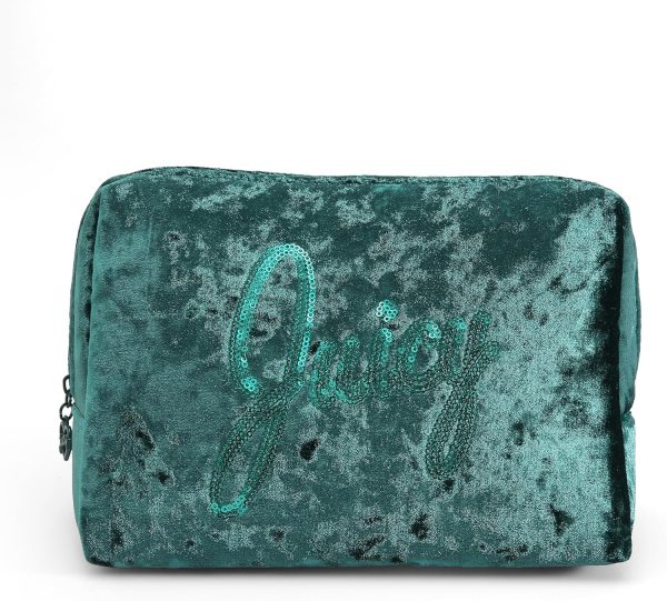 Juicy Couture Green Makeup Bag Cosmetics Organizer Travel Essentials Zip Top Wedge Crushed Velvet Sequin Logo juicy couture