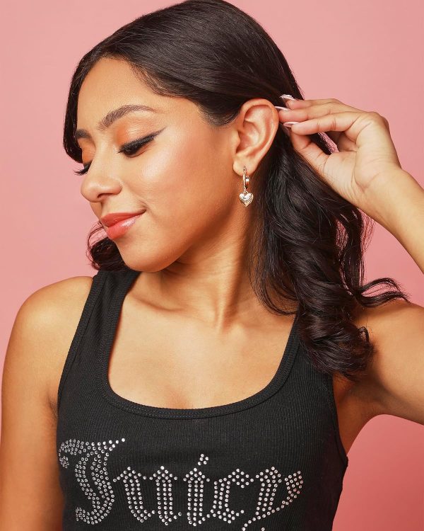 Juicy Couture Dangle Heart Charm Hoop Earrings for Women, Yellow Gold-Tone Juicy Couture Earrings hearth apartments