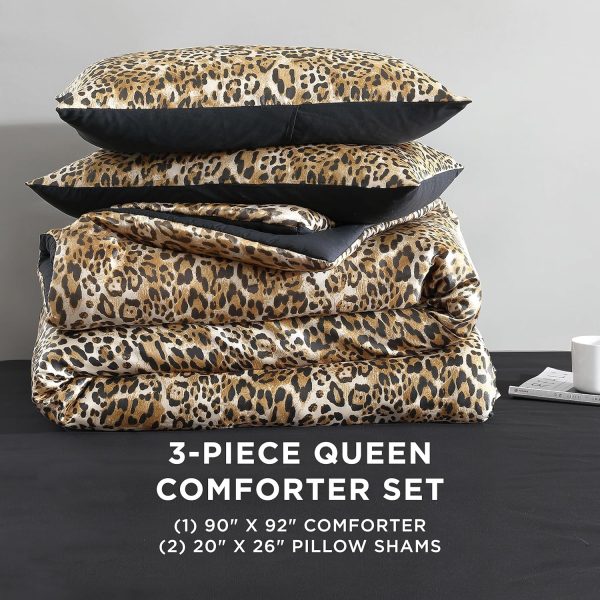 Juicy Couture Full/Queen Leopard Satin Comforter Set - Cheetah Print 3-Piece Machine Washable Reversible Animal Print Bedding Comforter and Sham Set couture font