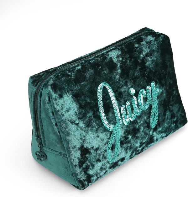 Juicy Couture Green Makeup Bag Cosmetics Organizer Travel Essentials Zip Top Wedge Crushed Velvet Sequin Logo greenland