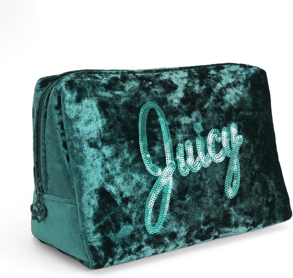 Juicy Couture Green Makeup Bag Cosmetics Organizer Travel Essentials Zip Top Wedge Crushed Velvet Sequin Logo bag