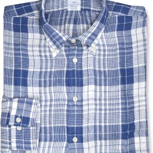 Brooks Brothers Men's 100% Linen The Original Polo Plaid Long Sleeve Shirt,-0