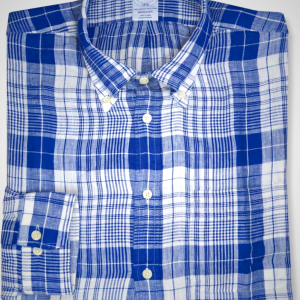 Brooks Brothers Men's 100% Linen The Original Polo Plaid Long Sleeve Shirt,