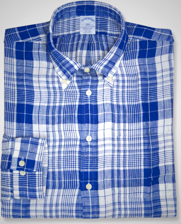 Brooks Brothers Men's 100% Linen The Original Polo Plaid Long Sleeve Shirt,