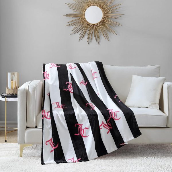 Juicy Couture Cabana Plush Black Striped 50"X70" Fuzzy Throw Blanket - Luxurious Microfiber Plush Blanket for Ultimate Comfort and Cozy Warmth couture pop ups