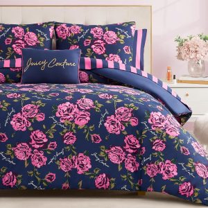 Juicy Couture Rose Logo Queen Comforter Set, Navy/Pink – 8-Piece Complete Bed in a Bag queen bee