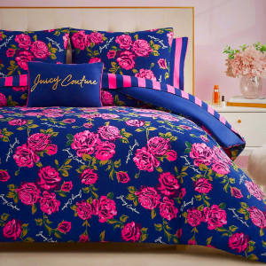 Juicy Couture Rose Logo Queen Comforter Set, Navy/Pink – 8-Piece Complete Bed in a Bag