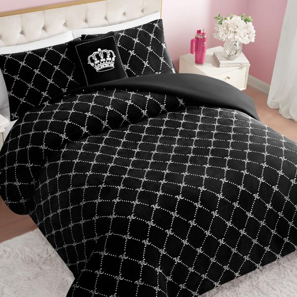 Juicy Couture Plush Reversible Trellis Link 3-Piece Twin/Twin XL Comforter Set with Decorative Pillow, Black-3