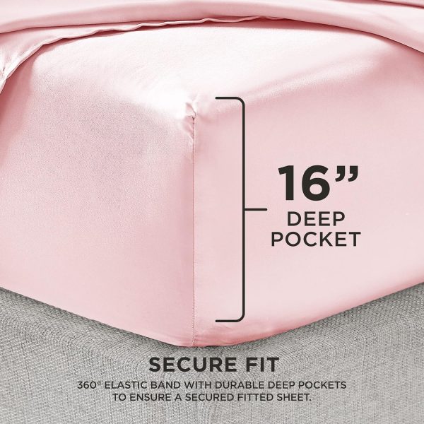 Juicy Couture Queen Size Satin Bed Sheet Set, Deep Pocket Silky Satin Queen Sheet Set with 1 Fitted Sheet, 1 Flat Sheet and 2 Pillow Case, Wrinkle Resistant and Anti Pilling - Pink queen size mattress