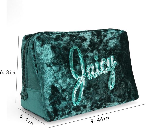 Juicy Couture Green Makeup Bag Cosmetics Organizer Travel Essentials Zip Top Wedge Crushed Velvet Sequin Logo makeup table