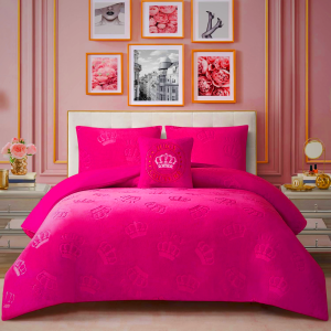 Juicy Couture Plush Reversible Embossed Crown 4-Piece Full/Queen Comforter Set with Decorative Pillow, Hot Pink