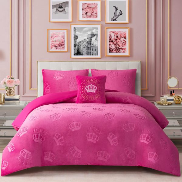 Juicy Couture Plush Reversible Embossed Crown 4-Piece Full/Queen Comforter Set with Decorative Pillow, Hot Pink plushshop