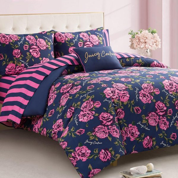 Juicy Couture Rose Logo Queen Comforter Set, Navy/Pink – 8-Piece Complete Bed in a Bag rosewood