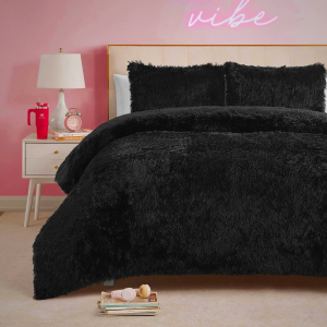 Juicy Couture Shaggy Faux Fur Black Full/Queen Comforter Set - Soft and Cozy 3-Piece Machine Washable Bedding Comforter and Sham Set